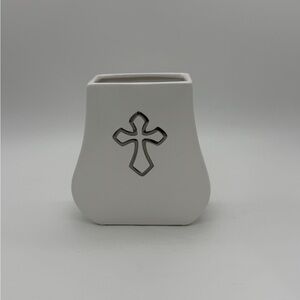 FTD Faithful Blessings Flower Vase White With Silver Cross Medallion Vintage